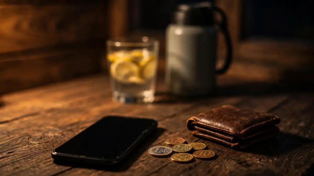 Un móvil apagado sobre la mesa baja junto a unas monedas y un monedero de piel gastado, de noche