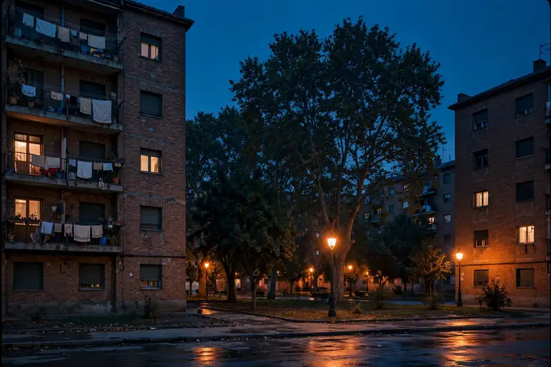 Bloques de ladrillo de Aluche de madrugada, con alguna ventana encendida, los árboles del parque y las farolas naranjas