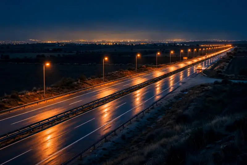 Una autovía mojada de madrugada a las afueras de Madrid, con las farolas encendidas