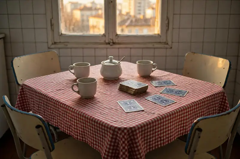 La mesa de una cocina de barrio un domingo por la tarde, con un hule de cuadros, tazas de café y una baraja española boca abajo