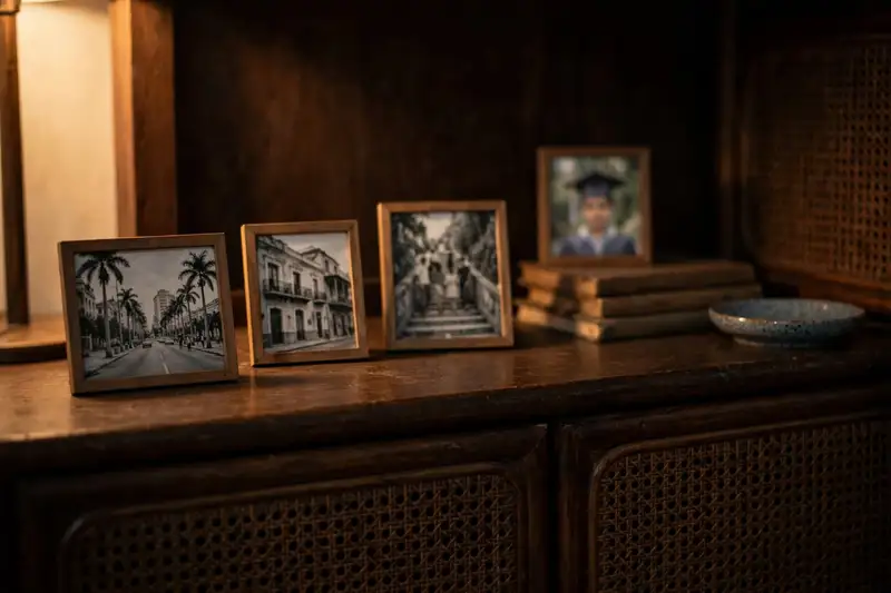 La estantería del salón con fotos antiguas en blanco y negro de Caracas y una foto en color de un chico joven