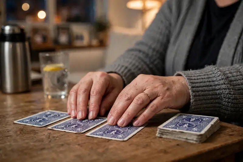 Las manos de Cinthya extendiendo tres cartas de la baraja española boca abajo sobre la mesa baja