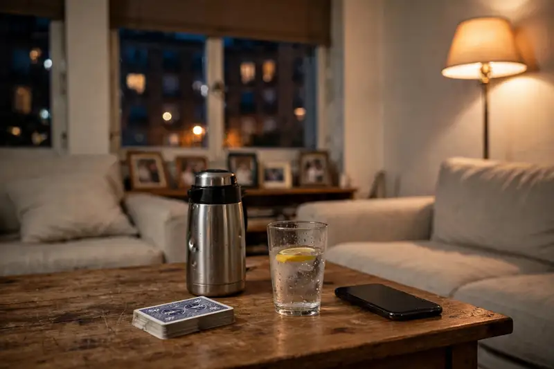 La mesa baja del salón de Cinthya de noche, con la baraja española boca abajo, el termo, un vaso de agua con limón y el móvil