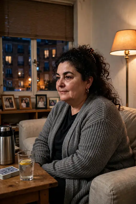 Retrato de Cinthya en su salón de Aluche, de noche, con la rebeca gris, los aros dorados y el pelo rizado recogido con una pinza