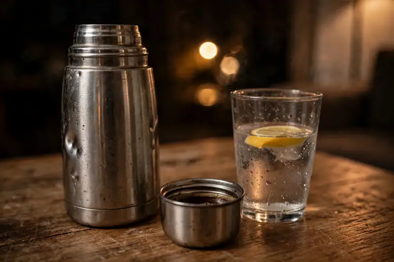 El termo de café de los turnos de noche de Cinthya, gastado, junto a un vaso de agua con limón