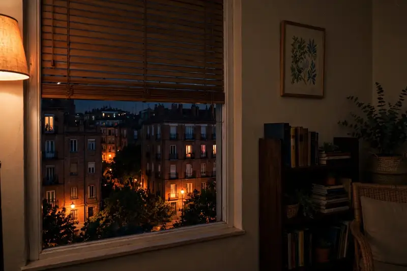 La ventana del salón de Cinthya de madrugada, con la persiana a media altura y los bloques de enfrente con alguna luz encendida